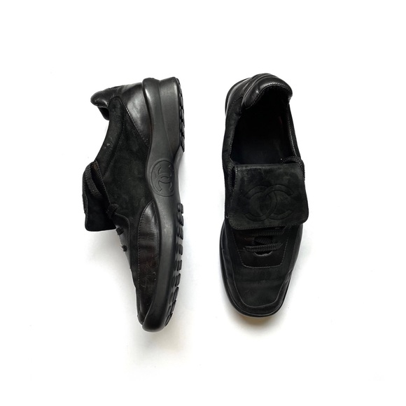 CHANEL Shoes - CHANEL Pull Down Tongue Black Suede Leather Sneakers